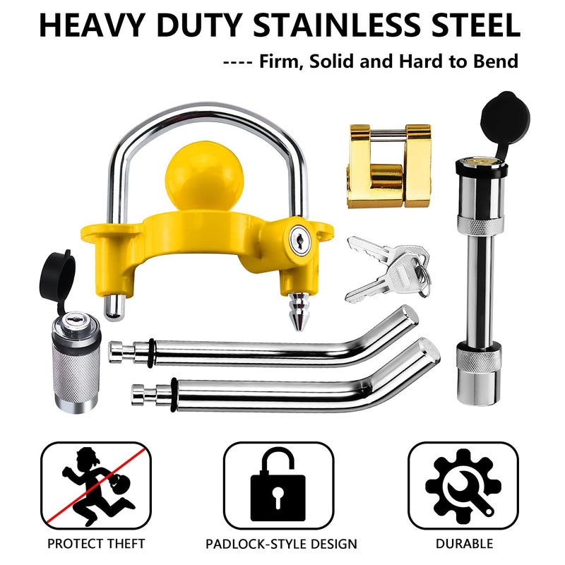 Funmit Trailer Hitch Security Lock Set Including Yellow U-Shaped Universal Ball Hitch Lock, 1/2"" and 5/8"" Receiver Hitch Pin Lock, Golden Trailer Hitch Lock Coupler Locking Pin, Share The Same 2 Keys - Image 5